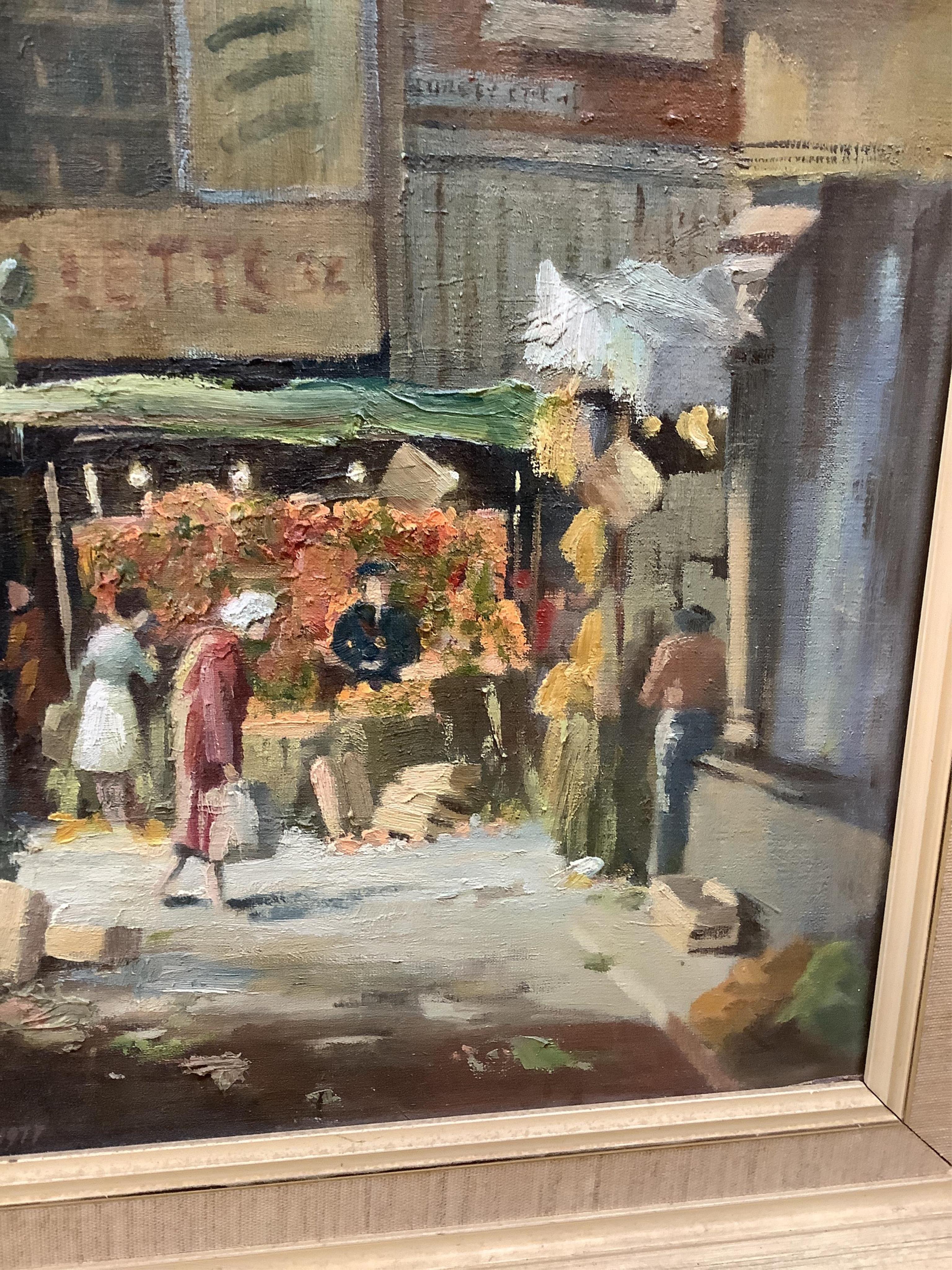 Claude Murrills (1915-2006), Croydon market scene, oil on board and coastal scene, watercolour, former 44x29cm